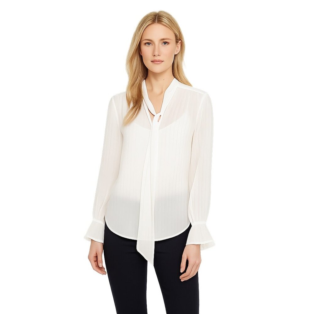 NWT White House Black Market Top S Long Sleeve Tie Neck Blouse Ecru